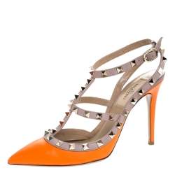 Pre Owned Valentino Orange Leather Rockstud Ankle Strap Cage Sandals Size 37.5