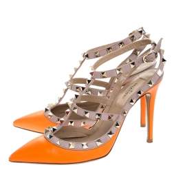 Pre Owned Valentino Orange Leather Rockstud Ankle Strap Cage Sandals Size 37.5