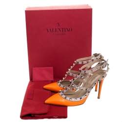 Pre Owned Valentino Orange Leather Rockstud Ankle Strap Cage Sandals Size 37.5