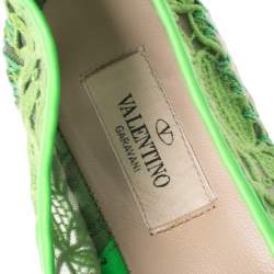 Pre Owned Valentino Green Lace, Leather Trim And Mesh Espadrille Flats Size 38