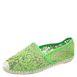 Pre Owned Valentino Green Lace, Leather Trim And Mesh Espadrille Flats Size 38