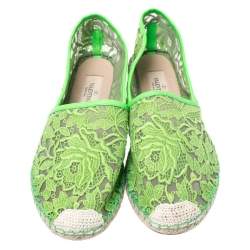 Pre Owned Valentino Green Lace, Leather Trim And Mesh Espadrille Flats Size 38