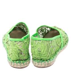 Pre Owned Valentino Green Lace, Leather Trim And Mesh Espadrille Flats Size 38