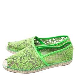 Pre Owned Valentino Green Lace, Leather Trim And Mesh Espadrille Flats Size 38