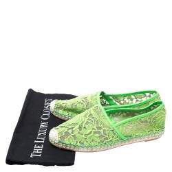 Pre Owned Valentino Green Lace, Leather Trim And Mesh Espadrille Flats Size 38