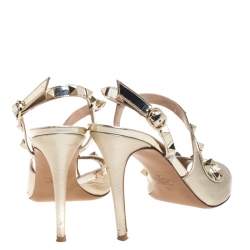 Pre Owned Valentino Gold Leather Rockstud Cross Strap Sandals Size 37
