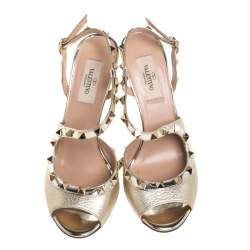 Pre Owned Valentino Gold Leather Rockstud Cross Strap Sandals Size 37