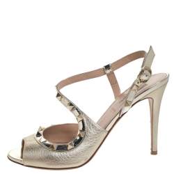 Pre Owned Valentino Gold Leather Rockstud Cross Strap Sandals Size 37