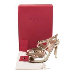 Pre Owned Valentino Gold Leather Rockstud Cross Strap Sandals Size 37