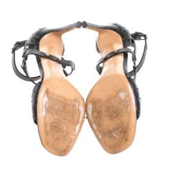 Pre Owned Valentino Black Leather Rockstud Spike Ankle Strap Sandals Size 37