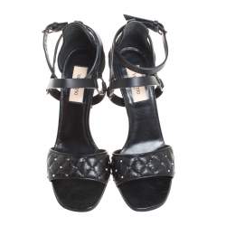 Pre Owned Valentino Black Leather Rockstud Spike Ankle Strap Sandals Size 37