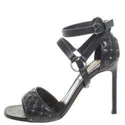 Pre Owned Valentino Black Leather Rockstud Spike Ankle Strap Sandals Size 37