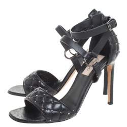 Pre Owned Valentino Black Leather Rockstud Spike Ankle Strap Sandals Size 37