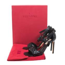Pre Owned Valentino Black Leather Rockstud Spike Ankle Strap Sandals Size 37