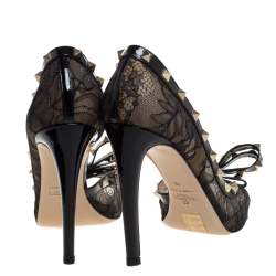 Pre Owned Valentino Black Lace And Patent Leather Rockstud Bow D'orsay Pumps Size 40