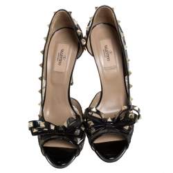 Pre Owned Valentino Black Lace And Patent Leather Rockstud Bow D'orsay Pumps Size 40