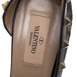 Pre Owned Valentino Black Lace And Patent Leather Rockstud Bow D'orsay Pumps Size 40