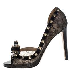 Pre Owned Valentino Black Lace And Patent Leather Rockstud Bow D'orsay Pumps Size 40