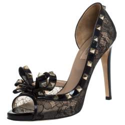 Pre Owned Valentino Black Lace And Patent Leather Rockstud Bow D'orsay Pumps Size 40