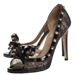 Pre Owned Valentino Black Lace And Patent Leather Rockstud Bow D'orsay Pumps Size 40