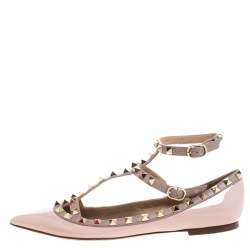 Pre Owned Valentino Beige Patent Leather Rockstud Ballet Flats Size 37.5