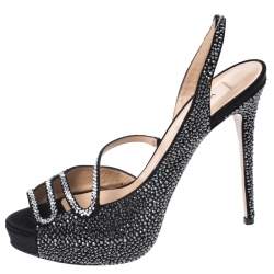 Pre Owned Valentino Black Satin Crystal Embellished Slingback Platform Sandals Size 39