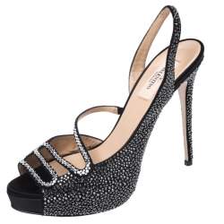Pre Owned Valentino Black Satin Crystal Embellished Slingback Platform Sandals Size 39