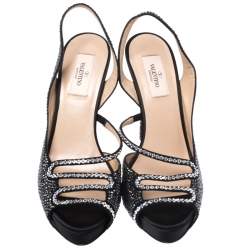 Pre Owned Valentino Black Satin Crystal Embellished Slingback Platform Sandals Size 39