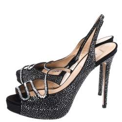 Pre Owned Valentino Black Satin Crystal Embellished Slingback Platform Sandals Size 39