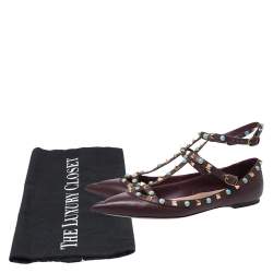 Pre Owned Valentino Maroon Textured Leather Rolling Rockstud Ankle Strap Flats Size 40