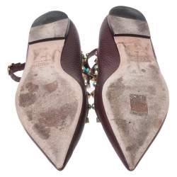 Pre Owned Valentino Maroon Textured Leather Rolling Rockstud Ankle Strap Flats Size 40