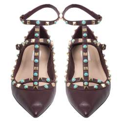Pre Owned Valentino Maroon Textured Leather Rolling Rockstud Ankle Strap Flats Size 40