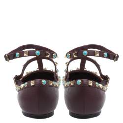 Pre Owned Valentino Maroon Textured Leather Rolling Rockstud Ankle Strap Flats Size 40