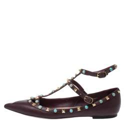 Pre Owned Valentino Maroon Textured Leather Rolling Rockstud Ankle Strap Flats Size 40