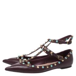 Pre Owned Valentino Maroon Textured Leather Rolling Rockstud Ankle Strap Flats Size 40