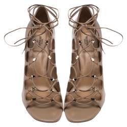 Pre Owned Valentino Beige Leather Rockstud Open Toe Lace Up Ankle Wrap Sandals Size 40