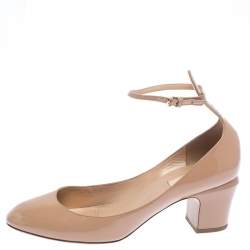 Pre Owned Valentino Beige Patent Leather Tango Block Heel Ankle Strap Pumps Size 40.5