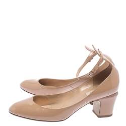 Pre Owned Valentino Beige Patent Leather Tango Block Heel Ankle Strap Pumps Size 40.5