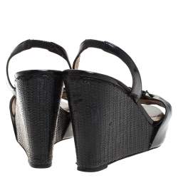 Pre Owned Valentino Black Patent Leather Open Toe Slingback Scallop Detail Wedge Sandals Size 36