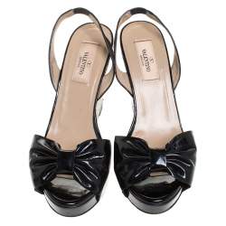 Pre Owned Valentino Black Patent Leather Open Toe Slingback Scallop Detail Wedge Sandals Size 36