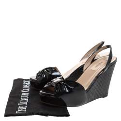 Pre Owned Valentino Black Patent Leather Open Toe Slingback Scallop Detail Wedge Sandals Size 36