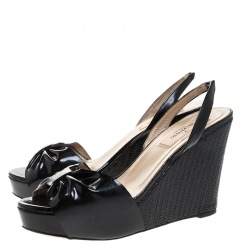 Pre Owned Valentino Black Patent Leather Open Toe Slingback Scallop Detail Wedge Sandals Size 36