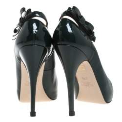 Pre Owned Valentino Green Leather And Patent Leather Bow Peep Toe Platform Pumps Size 37.5