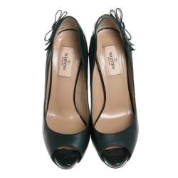 Pre Owned Valentino Green Leather And Patent Leather Bow Peep Toe Platform Pumps Size 37.5