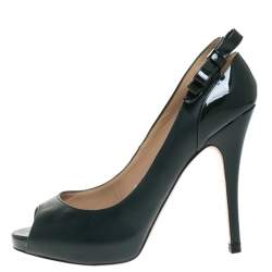Pre Owned Valentino Green Leather And Patent Leather Bow Peep Toe Platform Pumps Size 37.5