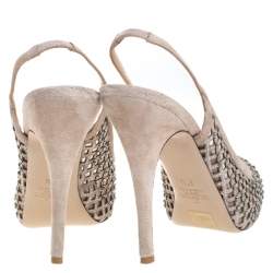 Pre Owned Valentino Beige Crystal Suede Lattice Slingback Platforms Sandals Size 37.5
