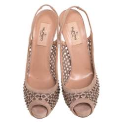 Pre Owned Valentino Beige Crystal Suede Lattice Slingback Platforms Sandals Size 37.5