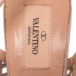 Pre Owned Valentino Beige Crystal Suede Lattice Slingback Platforms Sandals Size 37.5
