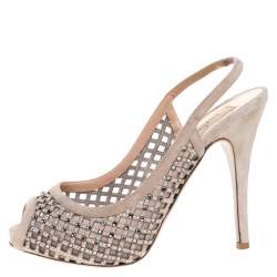Pre Owned Valentino Beige Crystal Suede Lattice Slingback Platforms Sandals Size 37.5