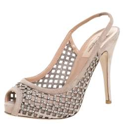 Pre Owned Valentino Beige Crystal Suede Lattice Slingback Platforms Sandals Size 37.5